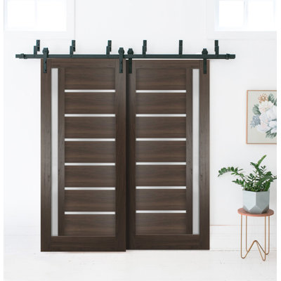 Quadro Frosted Glass Paneled Wood Sliding Closet Brown Doors