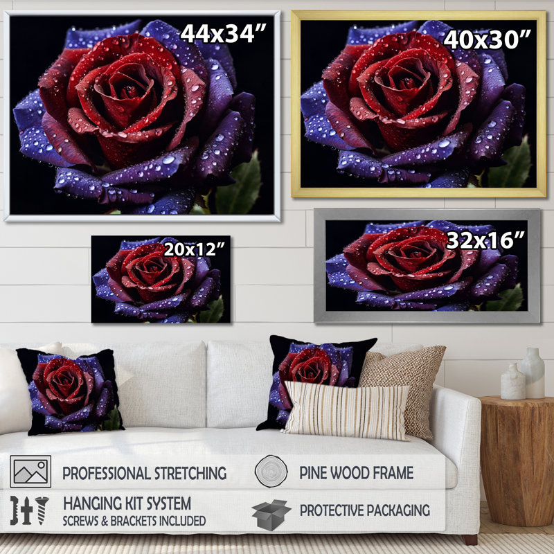 Rose rouge et mauve avec gouttes de pluie - art mural floral, Cadre flottant doré, H 24 po x l 32 po x P 1 po