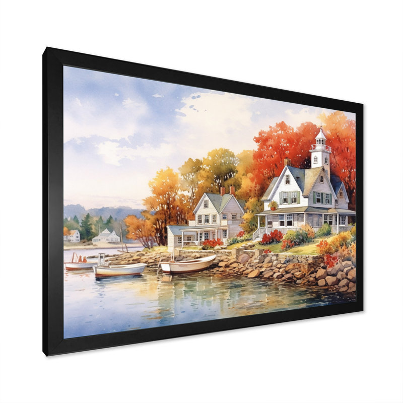 Connecticut's Lake Village Charm I, reproduction d'art sur toile, H 34 po x l 44 po x P 1,5 po, Cadre photo noir