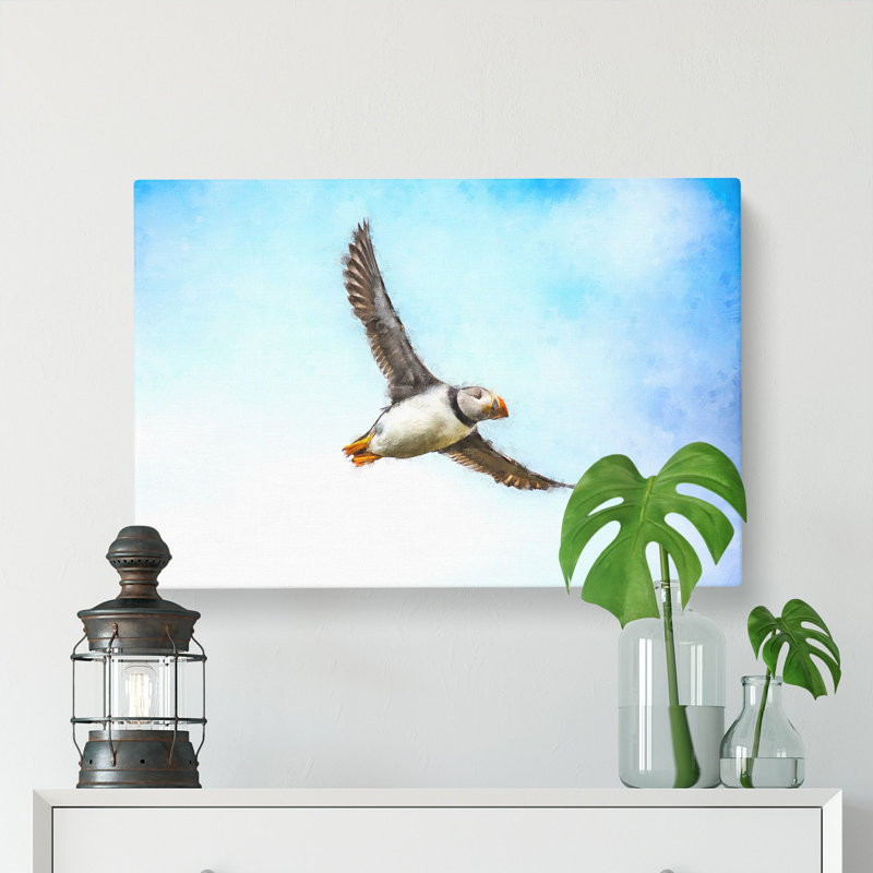 Flying Atlantic Puffin Bird - Wrapped Canvas Painting, 50cm H x 76cm W x 3cm D