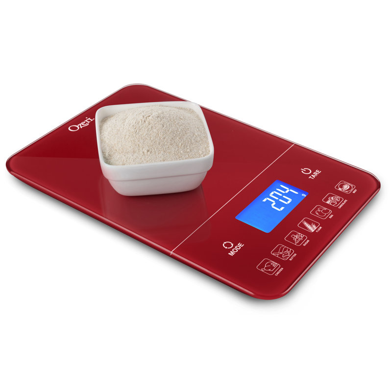 Ozeri Touch III 22 lbs (10 kg) Digital Kitchen Scale with Calorie Counter, in Tempered Glass, Red Engine