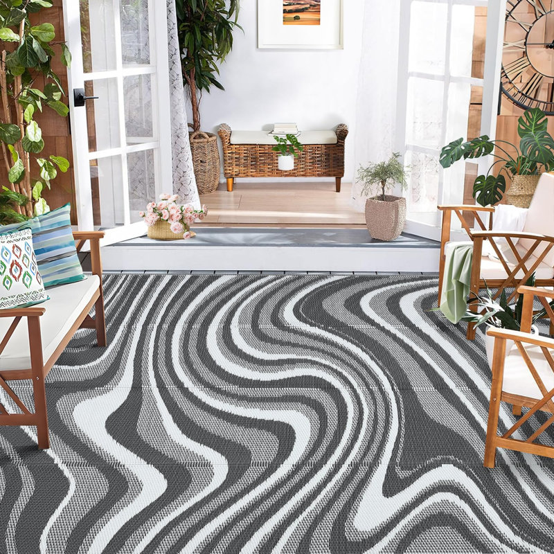 5' x 8' Outdoor Reversible Rug, Waterproof Plastic Straw Construction, UV-Resistant with Portable Carry Bag, Modern Abstract Design for Patio, Deck, or RV Camping