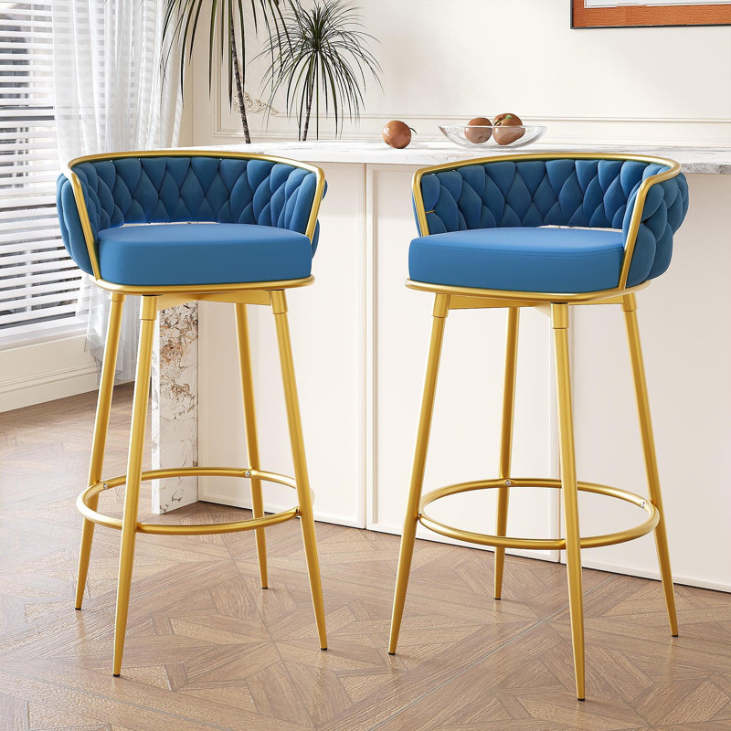 Swivel Counter Height Bar Stools Set Of 2, 31." Bar Height Stools With Hand-Woven Backrest & Gold Metal Legs, Modern Low Back Upholstered Kitchen Chairs With Footrest For Island, Dining Room,Blue