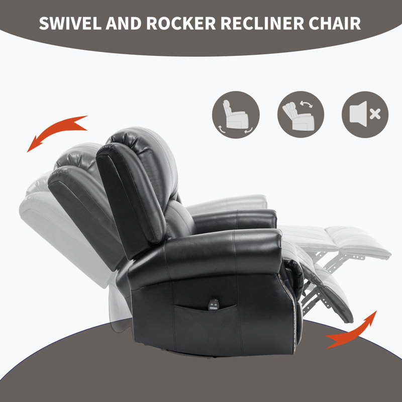 Heat Massage Manual Recliner Chair With Rocker And Swivel In Fabric For Living Room, Black