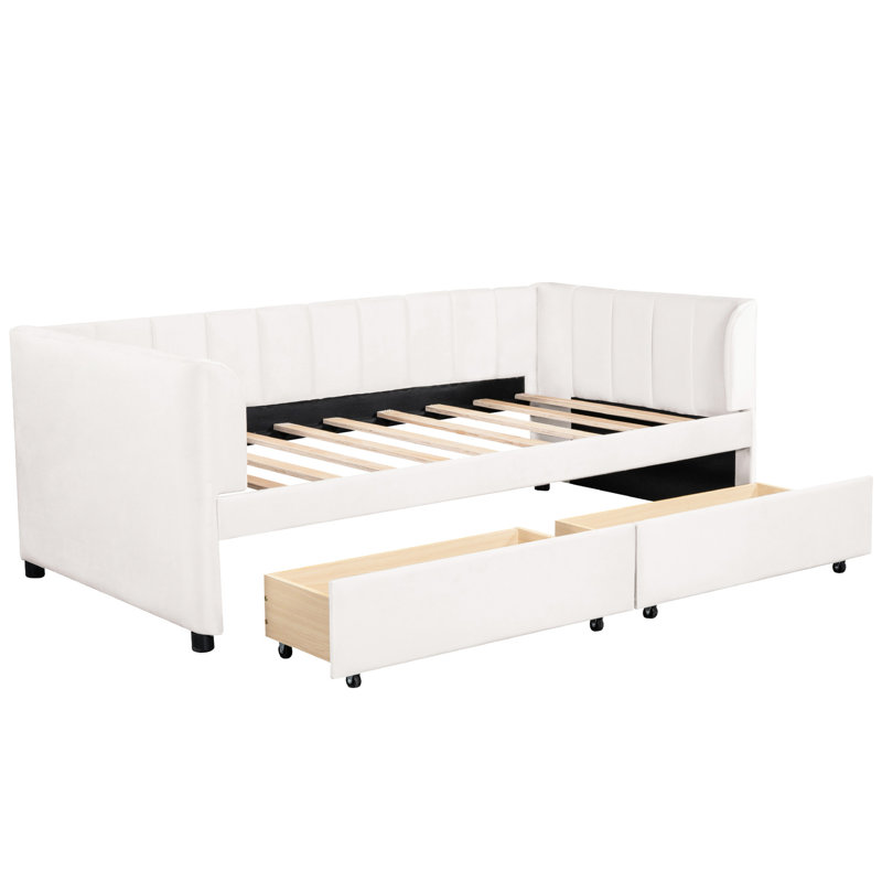 Twin Size Daybed In Beige With Ergonomic Back And 2 Drawers - Classic Stripe Headboard For An Elegant Bedroom Assessment A Inspection
