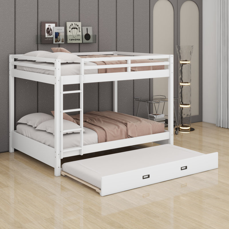 Queen Bunk Bed With Trundle, Heavy Duty Bunk Beds Frame With Ladder And Full Length Guardrail, White