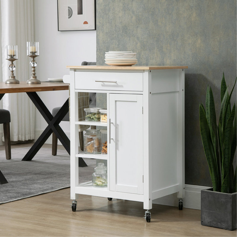 White Solid Wood Top Rolling Kitchen Cart with Storage