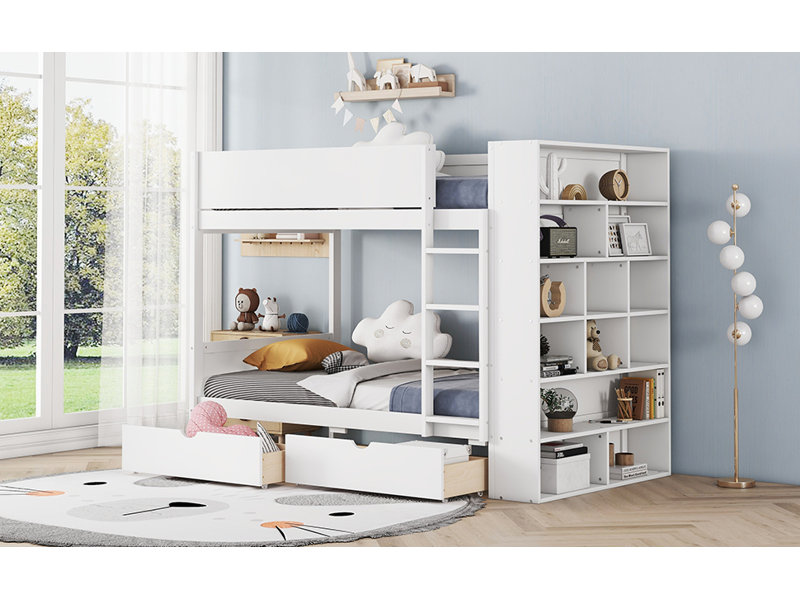 Lit superposé avec 2 tiroirs et armoire à couches multiples, Simple extra long, Blanc