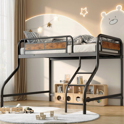 Cadre de lit, lit simple mezzanine bas, avec escalier et garde-corps, lourd, peu encombrant, noir