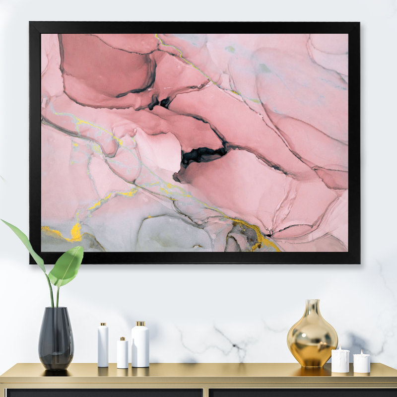 Décoration murale luxueuse en écoulement marbré rose et gris, Impression noire sur toile encadrée, H 8 po x l 12 po