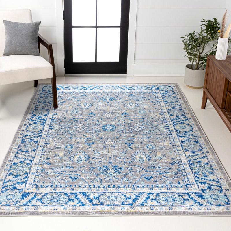 Lattin Modern Persian Boho Floral Gray/Navy Rug, Rectangle 4' x 6'