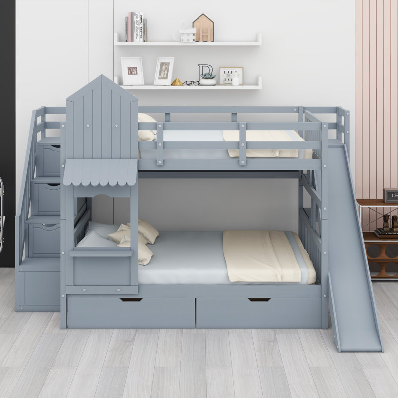 Castle-Themed Bunk Bed With Integrated Drawers, Shelves, And Play Slide