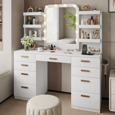 Vanity Desk with Mirror and Lights,Makeup Vanity Table with 9 Drawers 6 Shelves, 47" Modern Dressing Table with Power Outlet, 3 Adjustable Lighting Modes for Bedroom,White