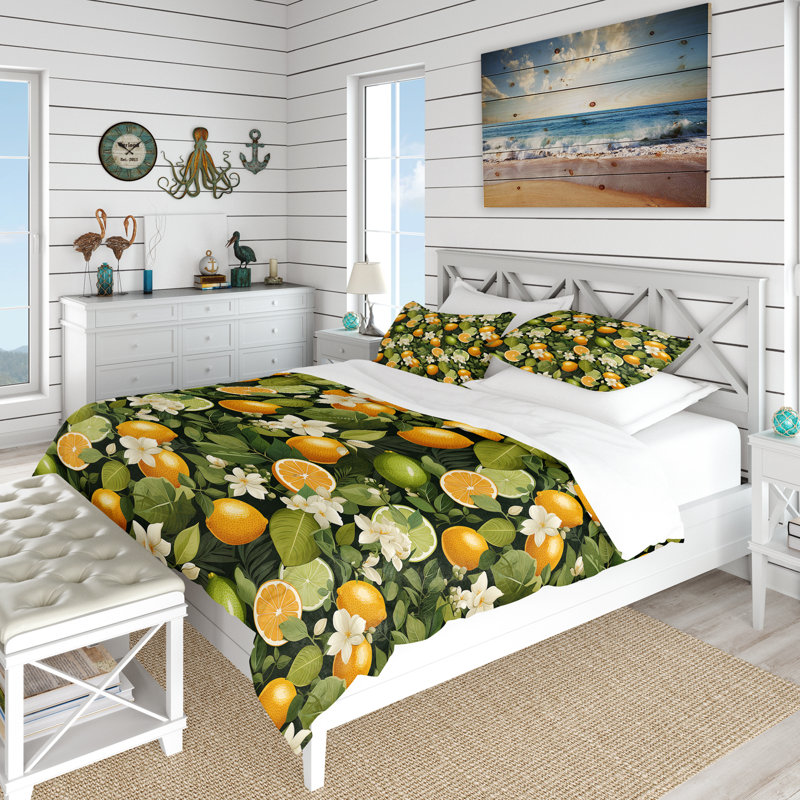 Literie citronnée zeste à motif tropical I, Housse de couette pour très grand lit et 2 très
