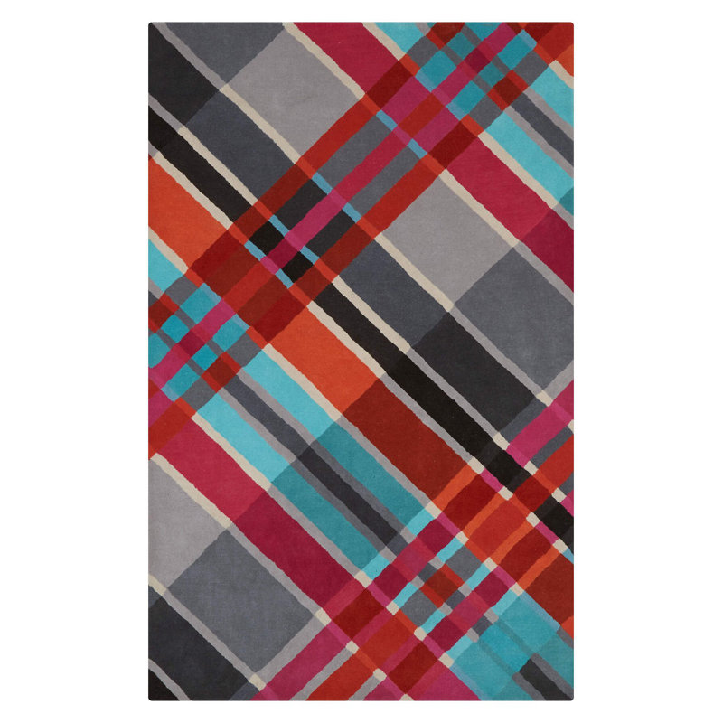 Tapis tissé multicolore à motif écossais gris fuchsia, Rectangle 4 pi 11,06 po x 7 pi 6,55 po
