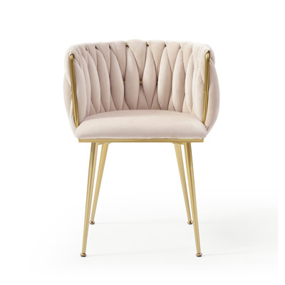 Modern Velvet Dining Chair Set of 2, Beige Upholstered Side Chairs with Woven Back and Gold Metal Legs for Kitchen, Living Room, and Vanity
