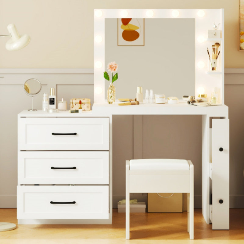 Meuble-lavabo de 55,2 po avec armoire latérale réglable, coiffeuse de maquillage avec lumières Hollywood, 5 tiroirs de rangement et 2 tablettes, coiffeuse moderne