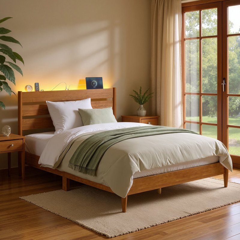 Bed Frame With Solid Wood Legs Slats,Headboard, LED Lights, Charging Station, Caramel Brown, Full