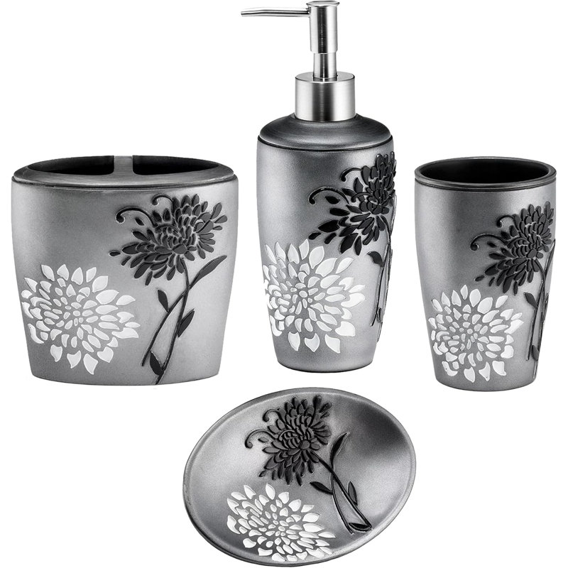 Ensemble d'accessoires de salle de bain 4 pièces Erica, distributeur de savon, gobelet, porte-brosse à dents et porte-plat à savon moderne et classique