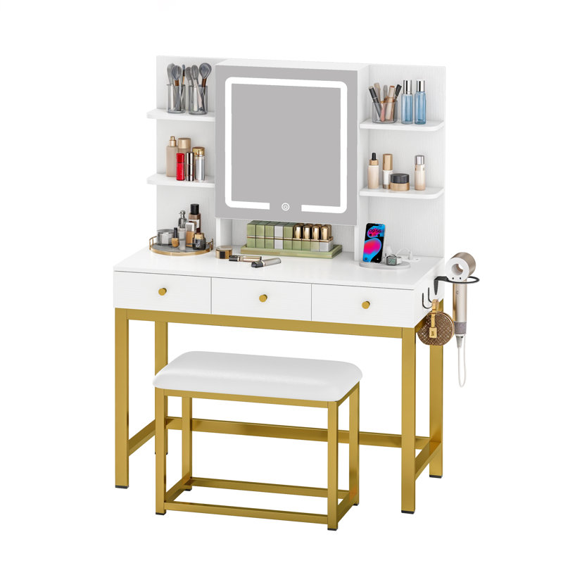  Coiffeuse de maquillage avec miroir lumineux à DEL, Blanc