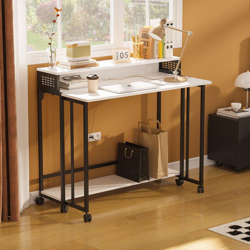 Modern Computer Desk Foldable Desktop with Rotating Wheels, Black