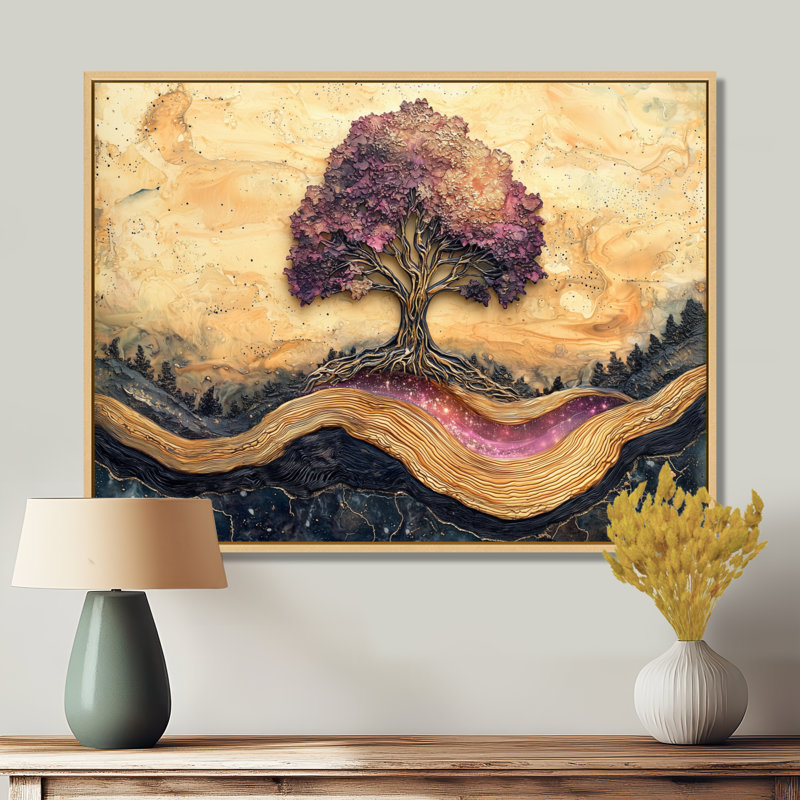 Burgendy, arbre de vie sur pierre, rivière I - Art mural encadré arbre de vie, H 30 po x l 40 po, Crème, crème