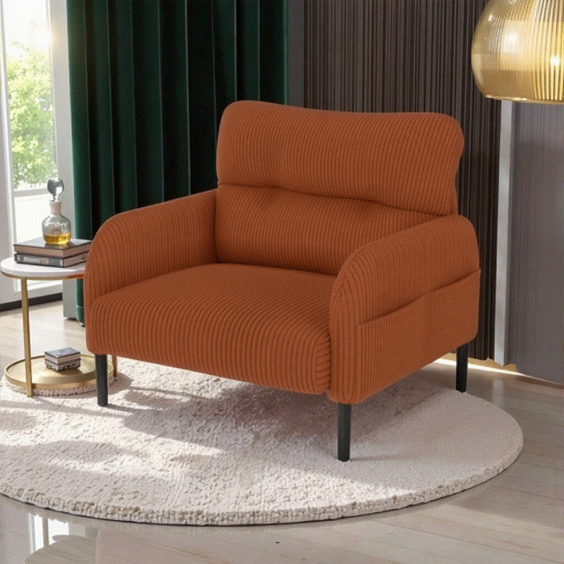 Chaise d'appoint en velours côtelé ergonomique avec poches latérales, structure en bois massif, Orange