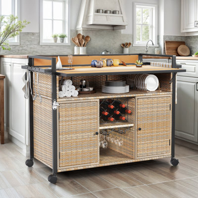 XL Patio Storage Cabinet Outdoor Cabinet Wicker Bar Set Outdoor Bar Cart With Plastic Wood Extended Table Top by Latitude Run