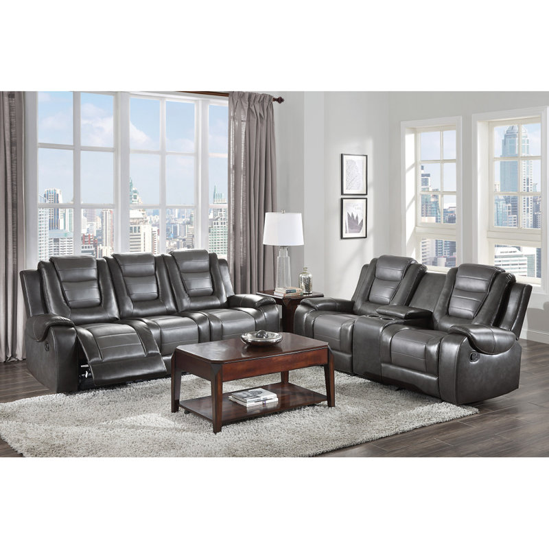 Gurutz 76'' Traditional Double Reclining Sofa - Faux Leather Reclining Sofa, Integrated Drop-Down Center Table with Cupholders, Durable Metal-Reinforced Frame