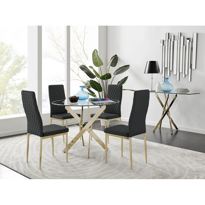 Eubanks 4-Person Round Dining Set, Black/Gold, Gold