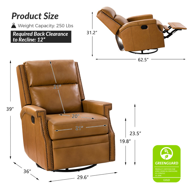Manning 29.6" Wide Genuine Leather Manual Recliner, Camel Top Grain Leather