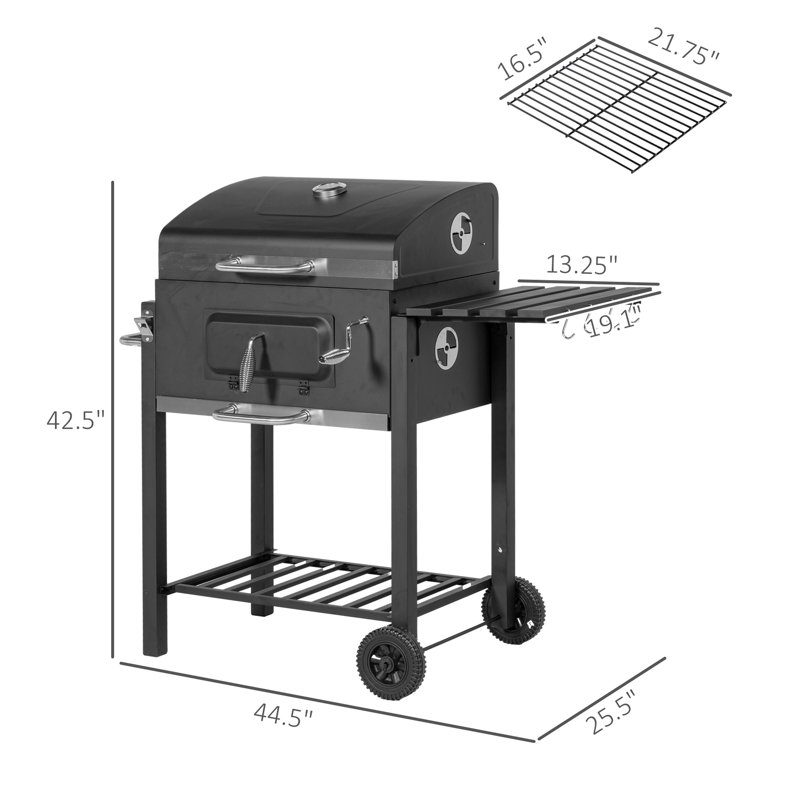 Barbecue au charbon de bois, batterie de cuisine portative pour camping et pique-nique d'extérieur. Surface de cuisson de 21,75 po x 16,5 po, table d'appoint, tablette inférieure, roulettes, poignée, noir. Cendrier coulissant pour la propreté de la cour arrière de la cuisinière