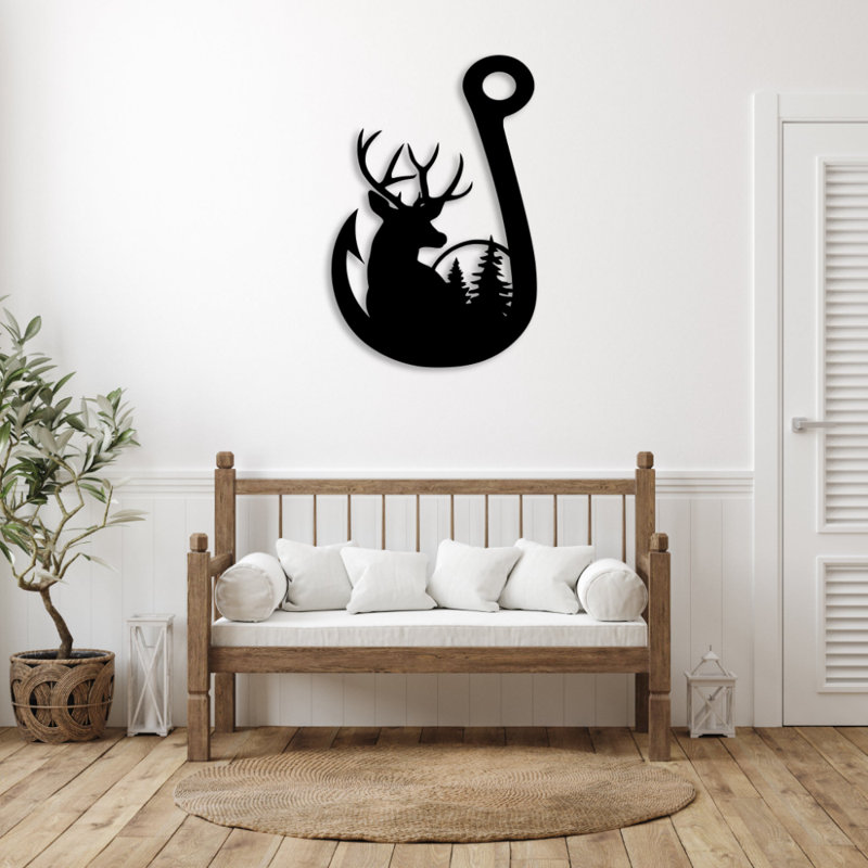 Art mural en métal crochet de pêche au cerf - décoration de pêche de chasse - conception de silhouette de crochet de bois de cerf - rustique chalet à suspendre au mur - sculpture industrielle moderne en métal - décoration intérieure d'aventure en plein air - pièce d'art unique