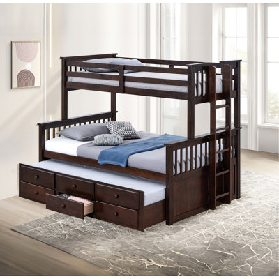 Lit superposé simple au-dessus d'un lit double transitionnel avec tiroirs latéraux et 3 tiroirs sous le lit, teinte noyer foncé, composition en bois d'ingénierie massif, pour rangement de tiroir de chambre à coucher, design, cadre, espace