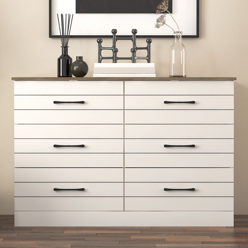Calumn 6 Drawer Dresser, Ivory/Knotty Oak