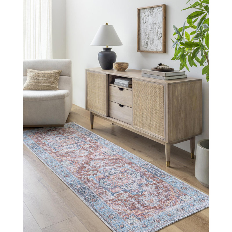 Bennett  Blue Machine Washable Area Rug, Runner 2'6" x 10', Polyester