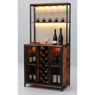 Wine Bar Cabinet With LED Lights, 5-Tier Industrial Coffee Bar, Buffet Sideboard With Adjustable Shelves, Kitchen Bar Table With Wine Rack Storage And by Wrought Studio
