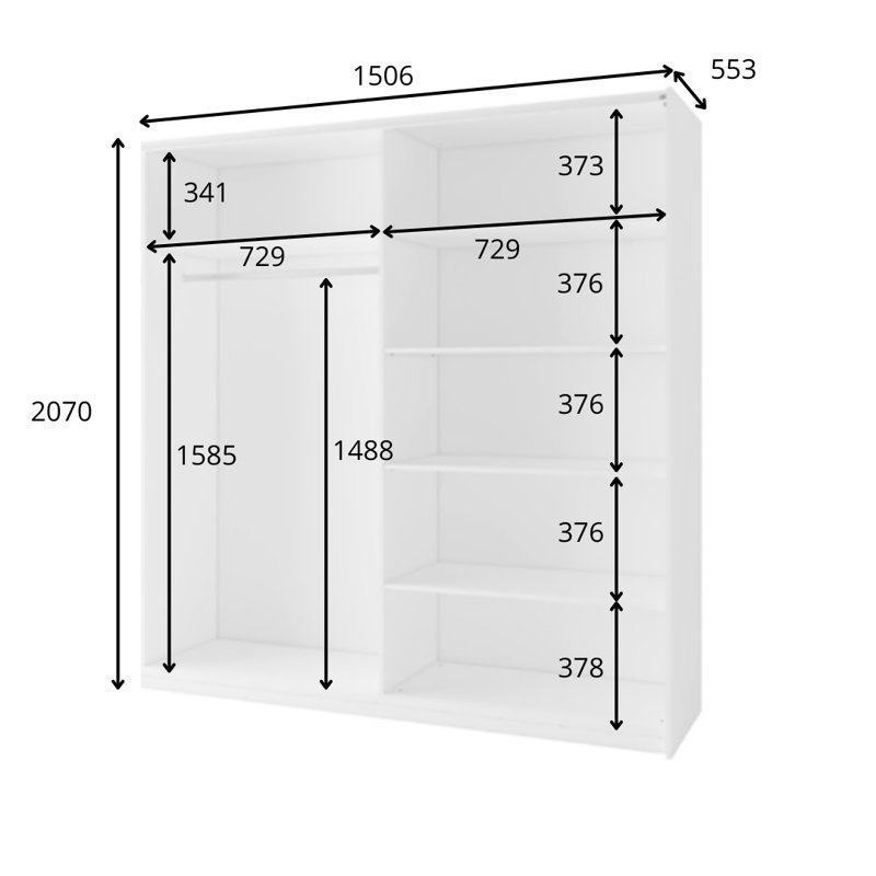Two -door floating wardrobe with mirror, 207cm H x 151cm W x 62cm D, White