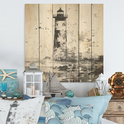 Mystérieux phare noir et blanc - art mural en bois côtier sur bois de pin naturel