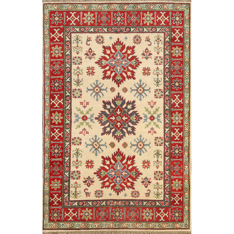 Tapis rectangulaire beige / rouge / vert / gris anthracite en laine noué à la main 3 pi 11 po x 5 pi 8 po