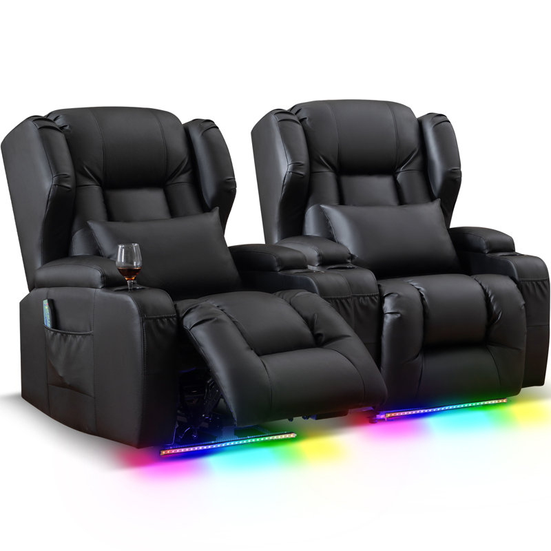Aguilera Leather Power Recliner Chair Home Theater Seating with LED Lights and Cup Holders, Black Faux Leather