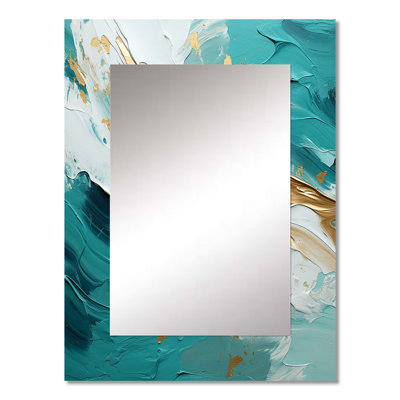 Golden Morning Glory Painting Gold On Teal - Midcentury Modern Mirror, Modern Decorative Wall Mirror, Printed Metal Art