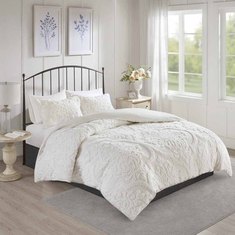 Ensemble de housse de couette standard 100% coton 3 pièces, Housse de couette double / grand + 2 taies décora, Blanc