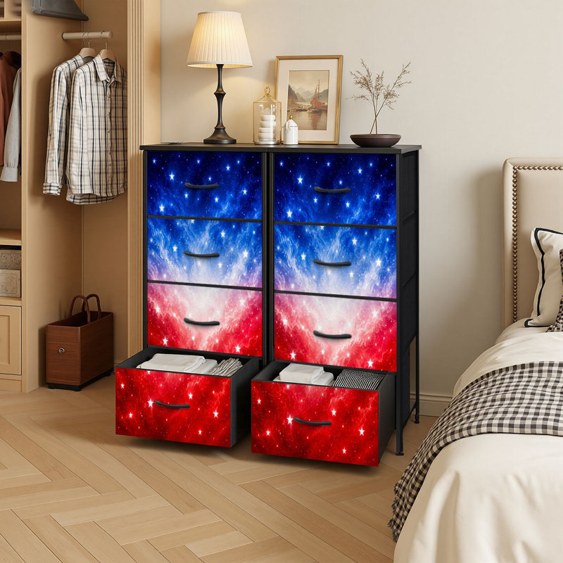 4 Drawer Vertical Storage Dresser Patriotic Red White Blue Starry Abstract with Wood Top Fabric Pull Drawers
