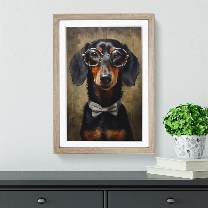 Dachshund with Glasses Painting - Framed Print