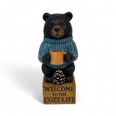 Rustic Black Bear “Welcome to the Cozy Life” Figurine with Coffee Mug – Lodge Cabin Decor
