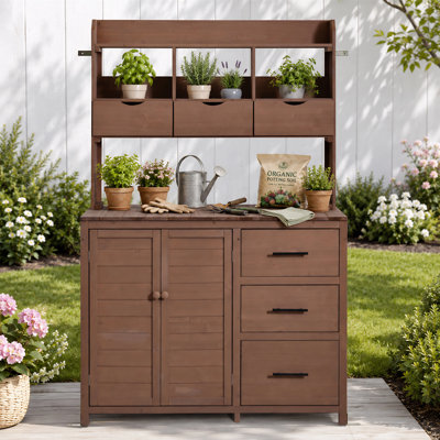 Banc de patio en bois massif avec 6 tiroirs, armoire inférieure et crochets latéraux