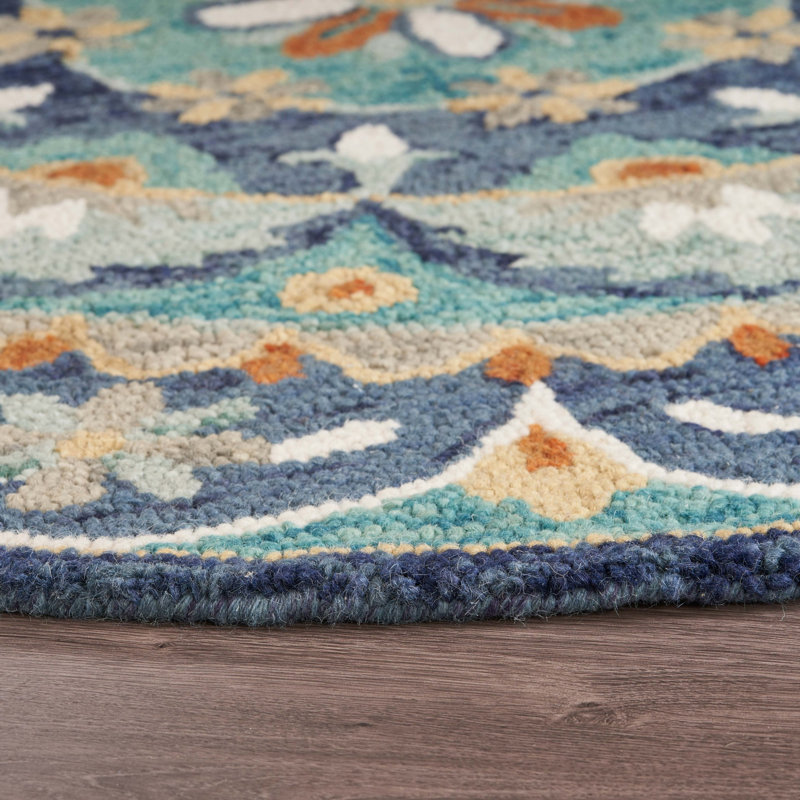 Tapis bleu à motif floral rond 6 pi Mandala, Rond 4 pi