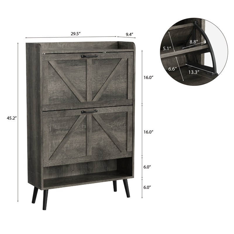Armoire de rangement pour chaussures 16 paires avec 2 tiroirs rabattables, armoire de rangement de chaussures autoportante Farmhouse