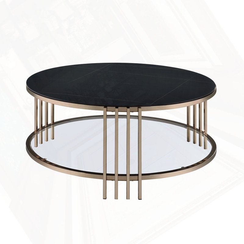 Table basse ronde en fritté avec plateau en pierre et champagne